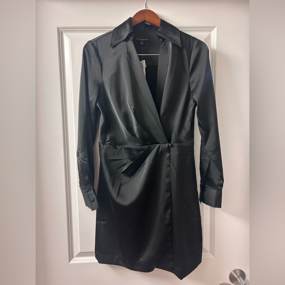 Black satin mini wrap dress
